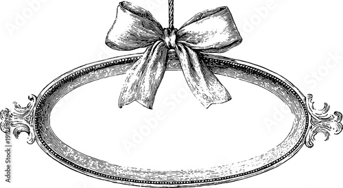 Vintage oval frame with ribbon bow sketch for decorative design and print