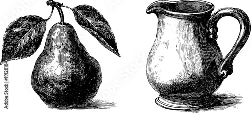 Vintage engraved pears, press, and jug set - retro kitchen and beverage design