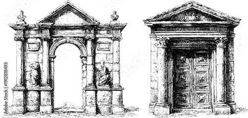 Renaissance doorway and pilaster engraving set for historical architecture design