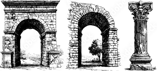Roman aqueduct arch and pier collection for historical designs and artwork