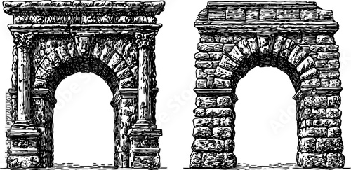 Vintage roman aqueduct architecture arches and piers engraving for classical design