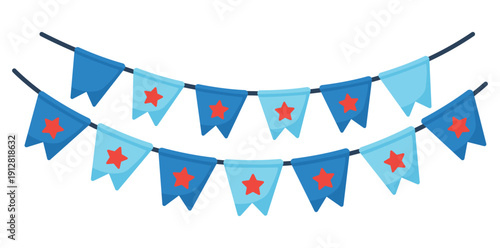 Festive Banner Garland: Delightful blue pennants adorned with vibrant red stars are strung together, creating a cheerful atmosphere, ideal for celebrations and festive occasions.