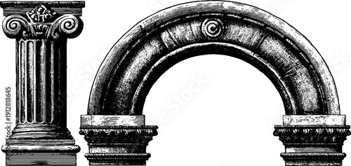 Vintage roman architectural elements: arch, keystone, and pillar for design and decoration