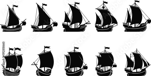 Black Silhouette Vector Collection with Various Historical Sailing Ships and Old Wooden Galleons Isolated on White Background for Maritime Nautical Designs