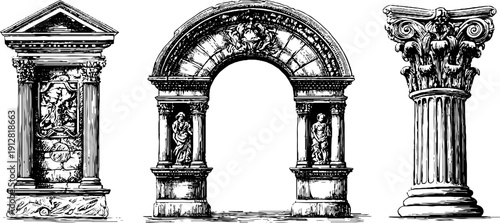 Vintage engraved illustrations of roman arch keystone pila for design