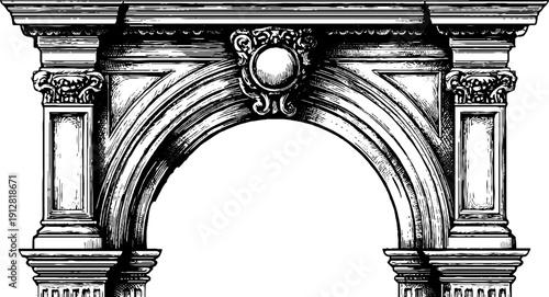 Vintage engraving of roman arch and keystone - classical architecture design for posters or labels