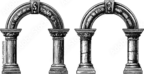 Roman arch and keystone engraved illustrations set for design and decoration