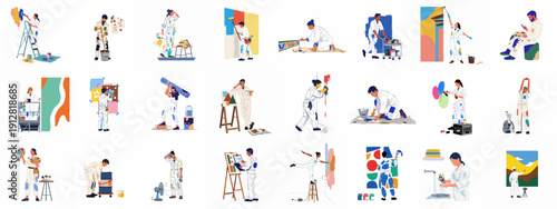 Illustrations Set of Painters and Artists Engaged in Wall Painting, Home Improvement, Mural Creation, and Art Projects with Tools and Equipment.