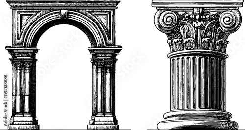 Vintage engraving of roman arch and keystone with pillar for classical architecture and design