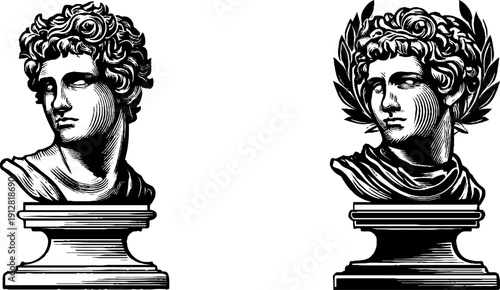 Roman busts and laurel wreaths engraving design for historical art concepts