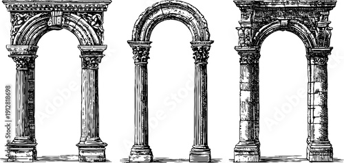 Roman architecture elements: engraved arches and keystone pillars set for historical design