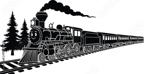 Cute Black and White Cartoon Steam Train Locomotive with Passengers Cars on Railroad Tracks, Old Classic Transport Vehicle, Travel and Railway Journey Vector Illustration with Trees.