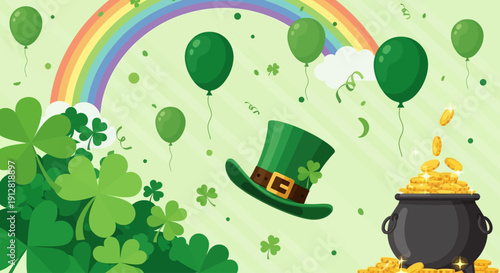 Celebrating St. Patrick’s day with rainbow, hat, balloons, shamrocks, and gold coins in festive illustration