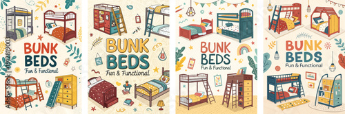 Colorful illustrations of various bunk bed designs, highlighting fun and functionality.