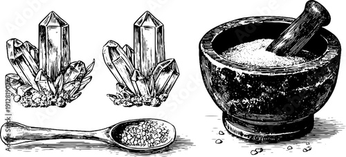 Vintage engraved set of salt crystals with cellar and spoon for culinary and design