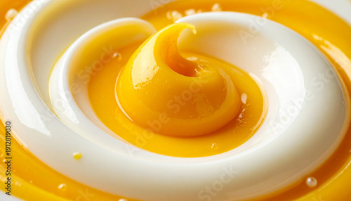 Yogurt with mango puree swirl in creamy macro close up