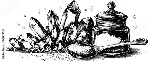 Vintage hand-drawn engraving set of salt crystals and cellar with spoon for retro culinary design