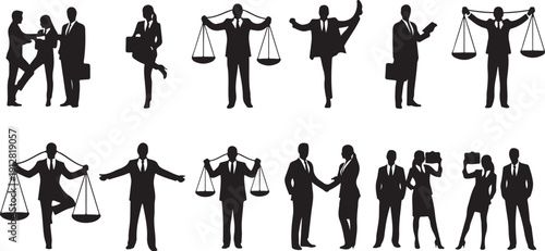 Silhouettes of business people in various professional poses and actions