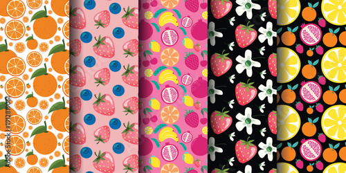Colorful fruit pattern designs with vibrant oranges, strawberries, and other tropical fruits.