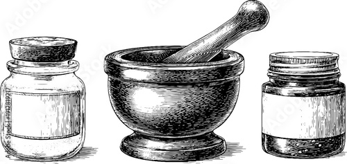 Vintage engraved illustration set of spice mortar, pestle, and jar for retro decor and culinary design