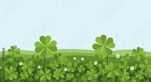 St. Patrick’s day celebration with shamrocks, clovers, flowers, leaves, and hillside in a festive illustration