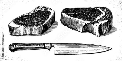 Vintage engraving of steak cuts and butcher knife for culinary art design