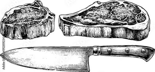 Vintage steak cuts and butcher knife engraving for culinary design and rustic kitchen decor
