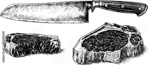 Vintage engraving set of steak cuts and butcher knife for culinary design and restaurant decor