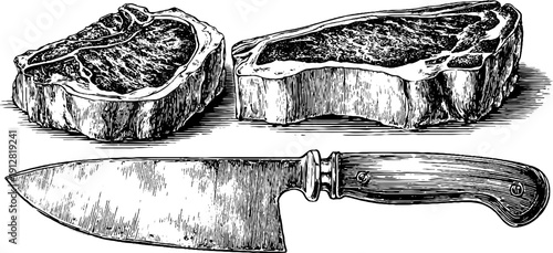 Vintage engraving of steak cuts and butcher knife - perfect for culinary art and kitchen decor