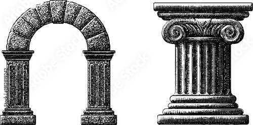 Vintage architectural elements: stone arch and column design for art and decoration