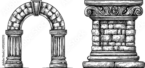 Antique stone arch and pillar engraving set for historical design projects