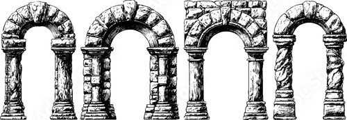 Vintage engraved stone arch and keystone set for architectural design