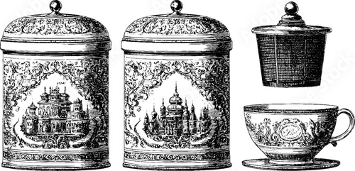 Vintage tea tins trio and infuser with cup engraved design for retro decor and collectibles