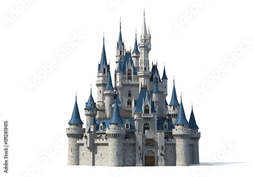 Gray castle with blue turrets towers.