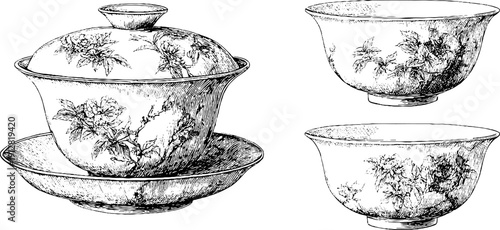 Vintage tea gaiwan and cups engraving for retro design and decoration