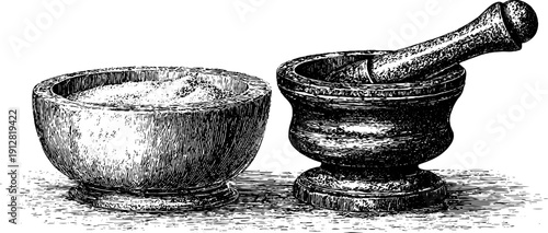 Vintage engraved set of tahini stone grinder and bowl for retro design