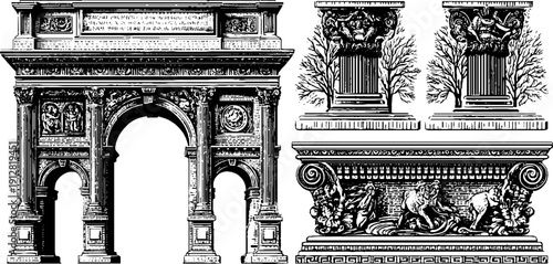 Vintage engraved illustrations of triumphal arch and decorative relief panels for design