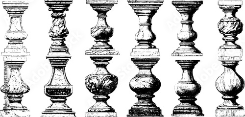 Vintage engraved illustration set of balustrades and stone balls for design projects