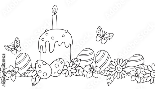 coloring book border with Easter eggs and Easter cake. Cute vector frame.