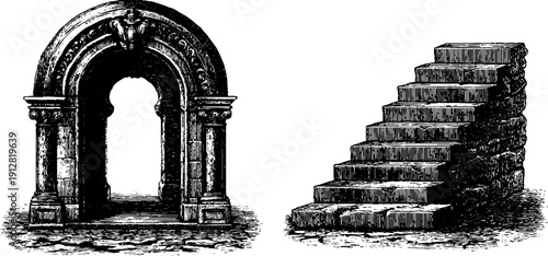 Vintage engraved illustration set of doorway and lintel architecture design