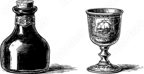 Vintage wine bottle and glass set engraving - retro design for labels and decorations