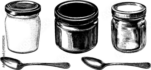 Vintage yogurt jar collection with foil lids and spoons sketch - design for labels and retro decoration