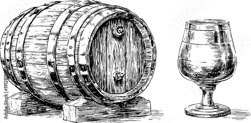 Vintage wine barrel and tasting glass engraving for rustic decor and winery design