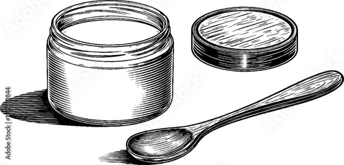 Vintage engraved set of yogurt pot and wooden spoon illustration for kitchen decor