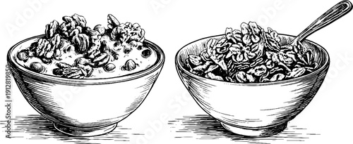 Vintage hand-drawn engraving of yogurt topping bar with granola for culinary design