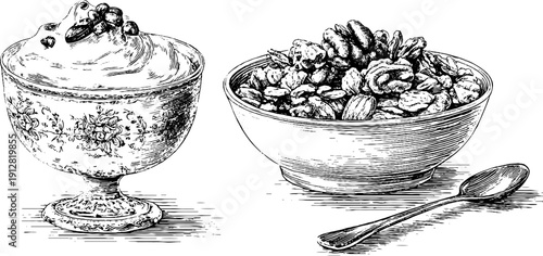 Vintage engraved illustration of yogurt toppings and granola bowls for culinary design