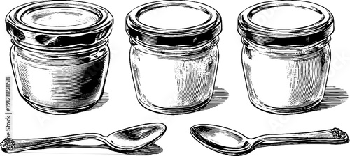 Vintage engraving of yogurt jars with foil lids and spoons for retro culinary design