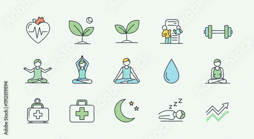 Healthy lifestyle icons including fitness wellness and self care symbols for mindfulness and nutrition