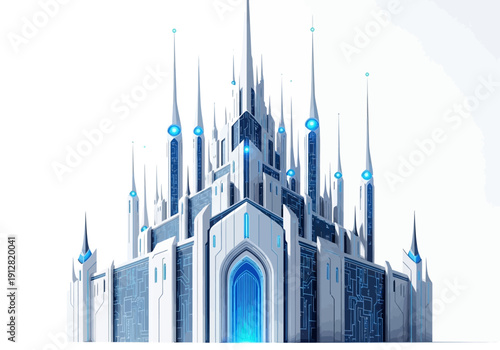 Large blue castle with tall spires.