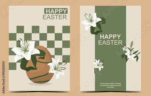 Happy Easter posters set with Lilies and egg. Renewal, purity, and festive spring joy. Green easter concept. Eco-friendly easter. Happy easter concept. Spring and natural elements. Vector illustration